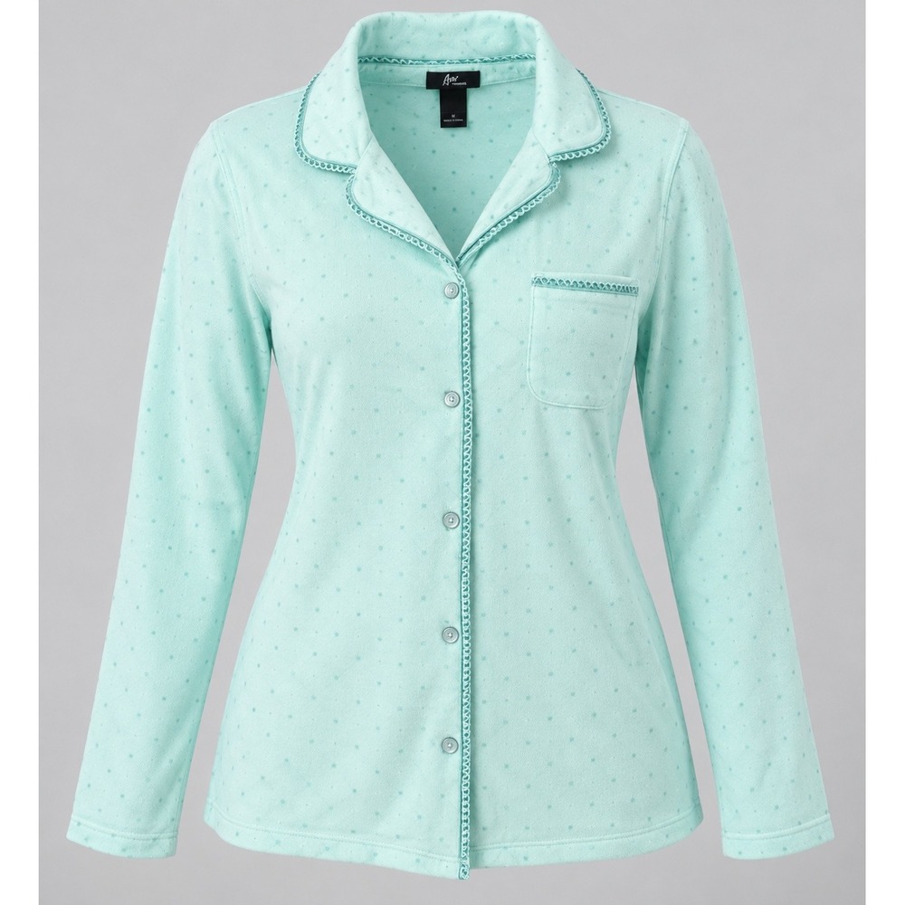 Aria Collection Womens XS Aqua Microfleece Pajama Top Polka Dot Button Front